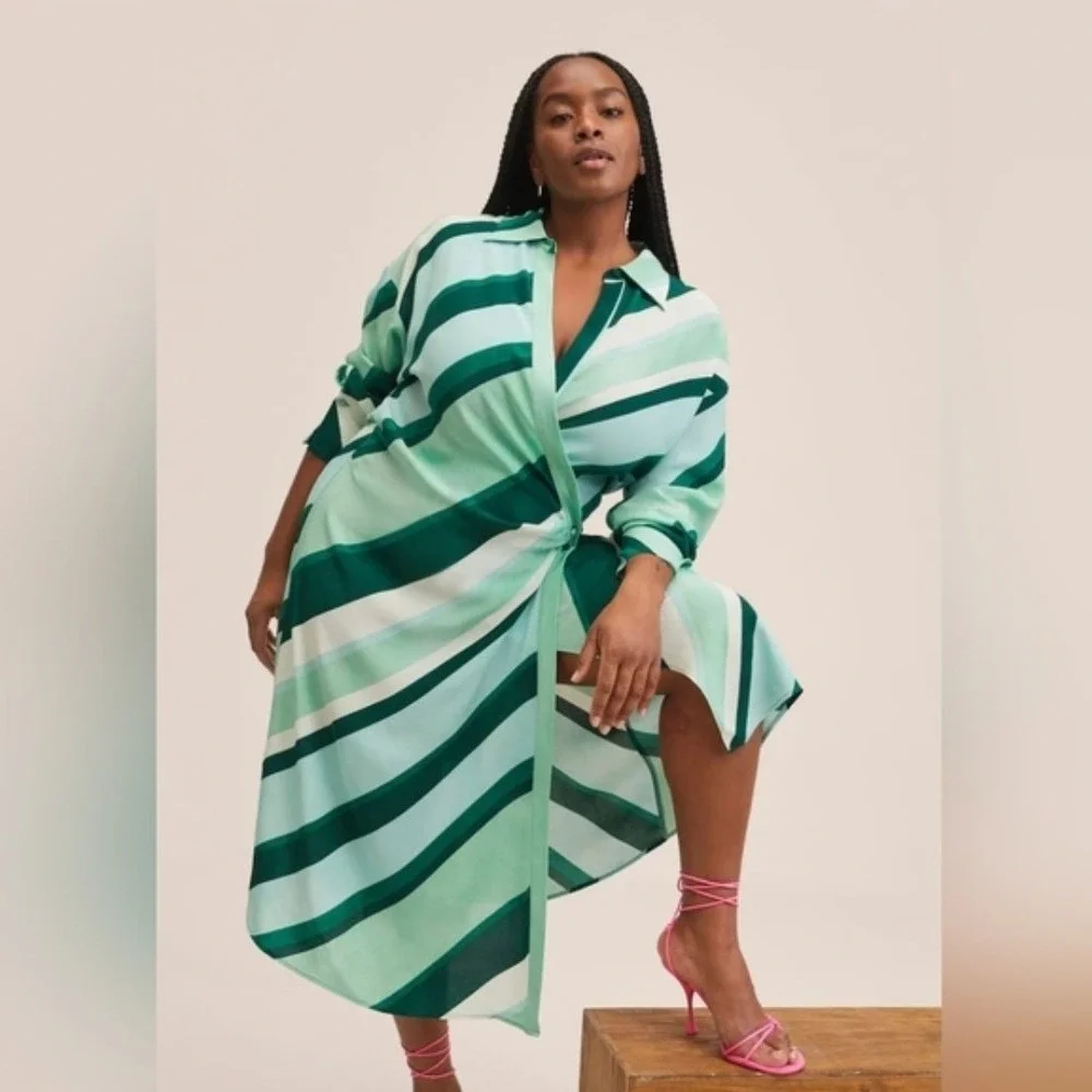 MNG Mango Womens Green Striped Wrap Midi Shirt Dress Long Sleeve‎ Size 6